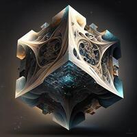 tesseract with fractal design in order and chaos. Abstract multiverse world with cubic . Creative surreal earth environment by puzzle artwork construction photo