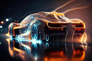 hyper car neon background . Streamline test over the modern car design, diffuse plastic optic, some glowing contours illuminate the car details, dark scene, cinematic lightning photo