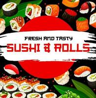 Sushi rollos restaurante o bar comidas, vector