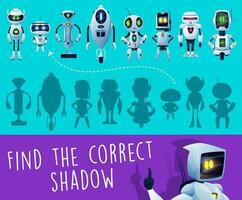 niños juego, encontrar un correcto robot sombra rompecabezas vector