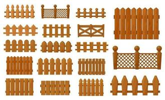 Garden and farm cartoon wooden fence, vector set