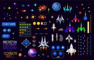 Space game asset 8 bit pixel art, planets, rockets vector