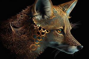 Fantasy Raster Image of Fox Face with Golden Spot, Animal face in the depths of galaxies and stars fox photo