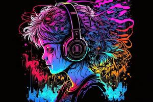 an neon gamer anime fashion girl or woman wearing headphones, lost in her music. abstract background that evokes the feeling of different genres of music. banner music concept photo