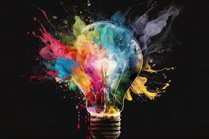 illustration of colorful bulb with splash of colors on black background. Creativity, eureka, imagination, inspiration. . Idea and solution concept photo