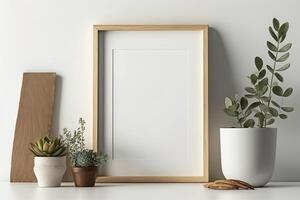 Blank picture frame mockup on wall in modern interior. Artwork template mock up in interior design. Wooden Picture Frame Mockup on White Wall Minimalist - photo