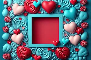 Valentine frame and banner. Red, blue, cyan, pink decoration. flat lay, romantic. Love and valentine day concept. photo