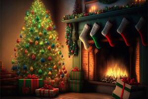 Beautiful holiday decorated room with Christmas tree, fireplace and with presents. Cozy winter scene. Warm color decor interior. Fireplace with christmas stockings, photo