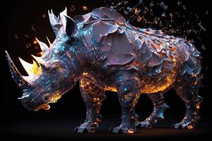 fusion of metal Rhino exploding through fire surrounded by scattered glass shards and debris, cosmic energy photo