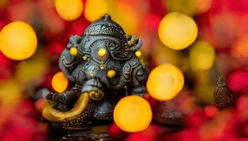 focus on statue of Lord Ganesha, Ganesha Festival. Hindu religion and Indian celebration of Diwali festival concept on dark, red, yellow background and bokeh around photo