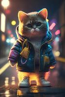 toy cute cat in clothes jacket and sneakers on street background with neon lighting, photo