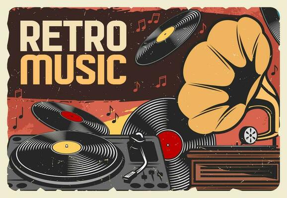 Vinyl records of retro music and gramophone