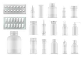 Pills and medicaments realistic bottles, packages vector