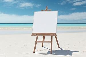 White blank artist frame on a small wooden easel on summer sea beach background with copy space. Advertising mockup artboard for pictures or artwork. Painting frame template banner. photo