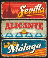 Spain Malaga, Sevilla, Alicante signs rusty plates vector