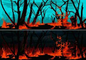 Forest fire with burning grass and trees vector