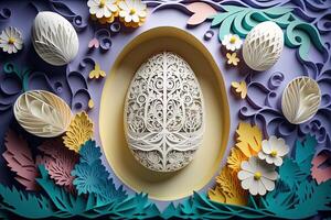 paper cut quilling multi dimensional easter egg in easter celebration, a lot of egg and small rabbit in background. Spring concept. photo