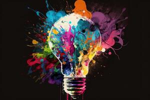 illustration of colorful bulb with splash of colors on black background. Creativity, eureka, imagination, inspiration. . Idea and solution concept photo