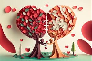 Happy Couple on the background of the heart origami spring background, joyful elderly, happy family with parent, colorful. Paper cut craft, 3d paper illustration style, pop color photo