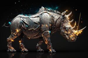 fusion of metal Rhino exploding through fire surrounded by scattered glass shards and debris, cosmic energy photo