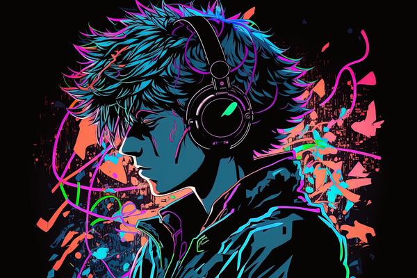 Premium Photo  Generative ai an neon gamer anime fashion boy or man  wearing headphones lost in his music abstract background that evokes the  feeling of different genres of music banner music