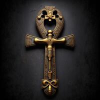 antiguo dorado ankh símbolo aislado en oscuro antecedentes. ilustración de un egipcio cruzar en digital forma. generativo ai el antiguo egipcios usado el ankh como un símbolo para eterno vida. foto