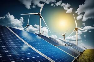 Renewable energy background with green energy as wind turbines and solar panels. green energy concept energy sources sustainable Ecology Elements photo