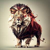 generativo ai ilustración de creativo de león hecho de vistoso geométrico formas en antecedentes. líder, coraje, fuerte y corajudo, majestuoso león foto