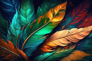 Abstract background with feather pattern, gradients and texture, digital painting in blue, green and gold, red, teal, orange colors, created with photo