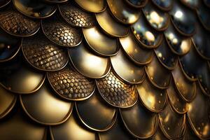 Dragon scales background - gold shining shells . Simple background made of dragon scale armor illustration . photo