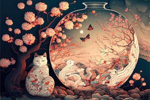 abstract design chinese new year cute cats with spring colors, surreal fantasy, peach flower. Happy new year concept 2023. Year of Cat. Lunar new year photo