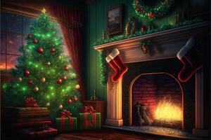 Beautiful holiday decorated room with Christmas tree, fireplace and with presents. Cozy winter scene. Warm color decor interior. Fireplace with christmas stockings, photo