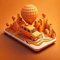 Online mobile application taxi ordering service orange taxi car driving along the route to the marker on a smart phone, on a city map. Car and satellite navigation systems concept. photo