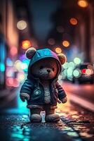 juguete linda oso en ropa chaqueta y zapatillas en calle antecedentes con neón Encendiendo, generativo ai foto