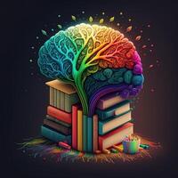 This whimsical image shows a brain with a library inside, its neurons and synapses lit up in a rainbow of joyful colors. A stack of books on a shelf indicates knowledge and learning, photo