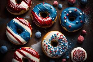 Red, White, and Blue Doughnuts with Glaze. . Fresh sweet donuts in motion with multicolored fruit glaze and sprinkles decorated. Fast sweet food concept, bakery ad design elements. photo