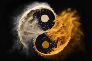 Golden and black yin yang symbol with floating powder on black background. abstraction, Buddhism, Hinduism, symbol, religion, balance concept. photo