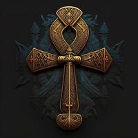 antiguo dorado ankh símbolo aislado en oscuro antecedentes. ilustración de un egipcio cruzar en digital forma. generativo ai el antiguo egipcios usado el ankh como un símbolo para eterno vida. foto