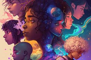 a multiverse of speech, a fantasy world where everyone can talk, with a lot of poetry, colorful, diverse avatars interacting with each other. photo