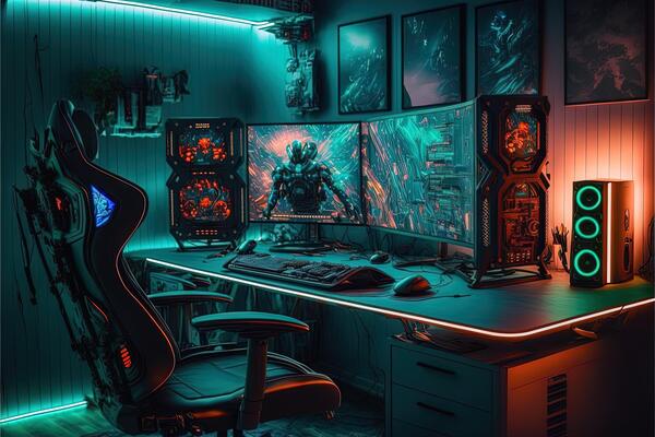 Spectacular gaming room interior, gaming pc, gaming desk, game setup room,  tv, desk for five People, futuristic, LED lights, cyberpunk color.  Generative AI 23538929 Stock Photo at Vecteezy