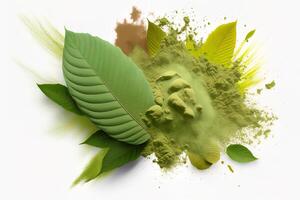 powder flavored explosion white background with kratom leafs mockup for matcha tea. photo