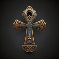 Ancient golden ankh symbol isolated on dark background. Illustration of an Egyptian cross in digital form. The ancient Egyptians used the Ankh as a symbol for eternal life. photo