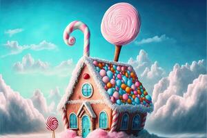 Christmas decorations with colorful gingerbread pink house and colorful candy on white cloud. Winter holidays new year and xmas composition. Amazing fairy Christmas house. photo