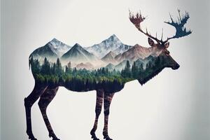 Double exposure of a deer and jungle on white background. Camping concept. Vintage Grizzly for t-shirt design, sticker, poster, and wallpaper. Adventure deer illustration photo