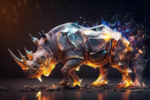 fusion of metal Rhino exploding through fire surrounded by scattered glass shards and debris, cosmic energy photo