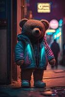 toy cute Bear in clothes jacket and sneakers on street background with neon lighting, photo