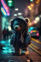 toy cute Bear in clothes jacket and sneakers on street background with neon lighting, photo