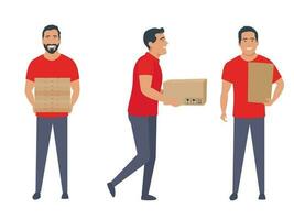 conjunto de entrega hombre. el mensajero entrega el caja y Pizza. vector ilustración.