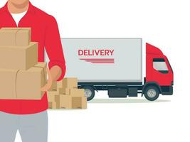 Boxes in the hands of a courier with a truck in the background. Online delivery service. Vector illustration of fast delivery.