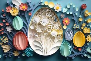 paper cut quilling multi dimensional easter egg in easter celebration, a lot of egg and small rabbit in background. Spring concept. photo
